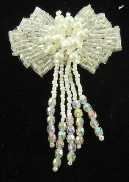 Epaulet with Fringe Iridescent Beads and Pearls and White Beads 3" x 2.25"