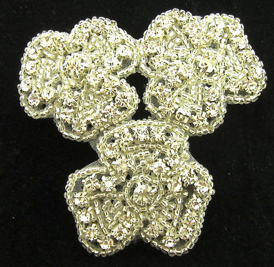 Triple Flower with Clear Rhinestones and Silver Beads 3" x 3"