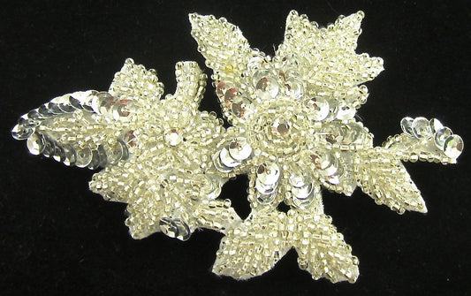 Flower with Silver Sequins, Beads and Rhinestones 4.5" x 3"