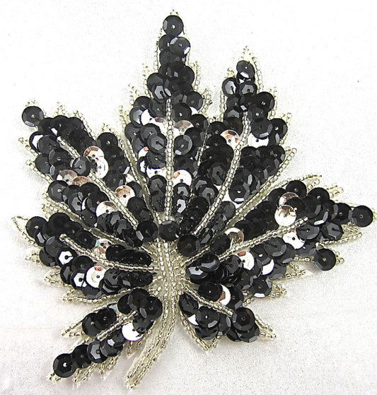 Leaf with Silver and Black Sequins and Silver Beads 5" x 4.5"