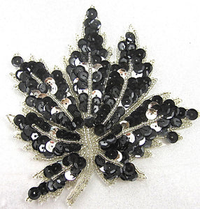 Leaf with Silver and Black Sequins and Beads 5" x 4.5"
