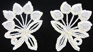 Flower Pairs with White Beads and Cream Sequin Leaves 3" x 3.5"