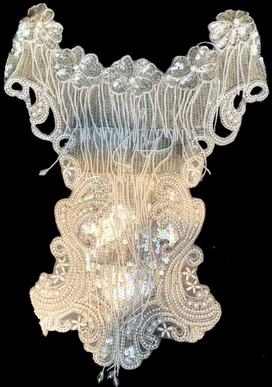 Designer Motif Full Body Iridescent Sequins and White Beads Applique 18.5" x 10.5"