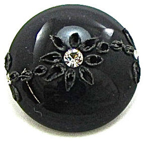 Button Black Shank with Three Rhinestones and Flower 1"