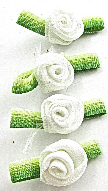 Set of 4 White Satin Flowers with Green Trim 1"