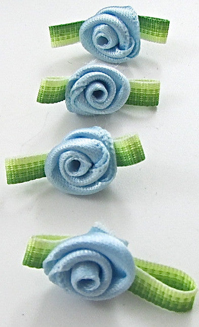 Set of Four Blue and Green Satin Flowers 1"