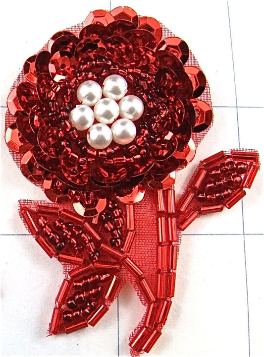 Red Flower with White Pearls 2.5" x 2"