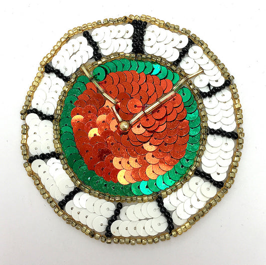 Clock Applique with Orange, Green and White Sequins - Black and Gold Beads 3"