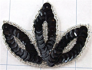Leaf with Three Points Black and Silver Sequins and Beads 3" x 2"