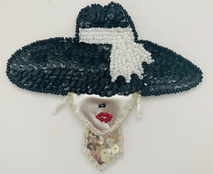 Hat Black with White and Pink Beaded Band and Satin and Iridescen Lady Face 3.5" x 4"