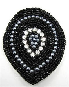 Designer Motif Black Silver Beads and Rhinestones 3.5" x 3"