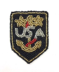Anchor USA Patch with Black, Gold, Silver and Red Beads  3" x 2" - Sequinappliques.com