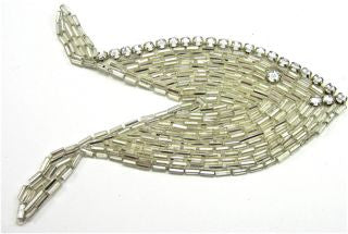Fish Shaped Vintage Applique with Silver Beads and Rhinestones 4" X 2"