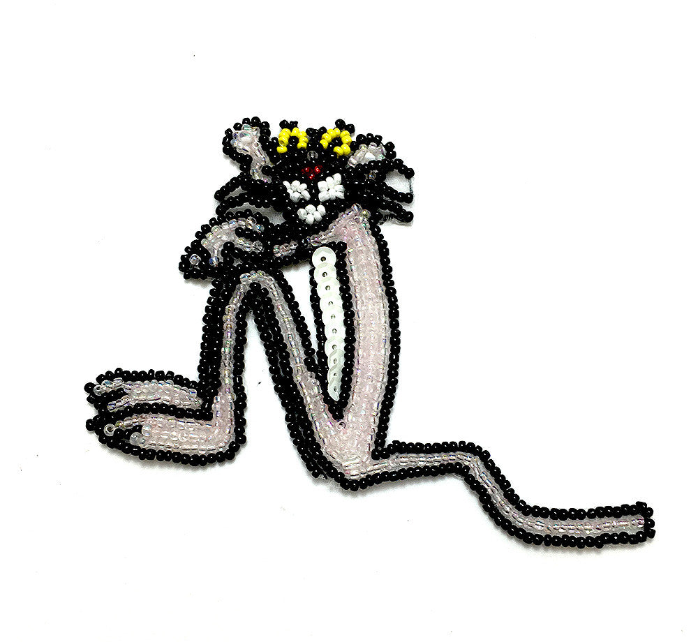 Panther Cat with Iridescent, Black White and yellow Beads 3" x 5"