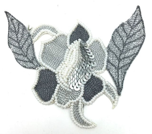 Flower Appliqué with Two-Tone Grey Embroidery with Sequins and Beads 3.5" 3.5"