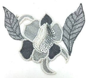 Flower with Two-Tone Grey Embroider, Sequins and Beads 3.5" 3.5"