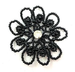 Flower Appliqué with Black Beads on Wire and Rhinestone Center 2.5"