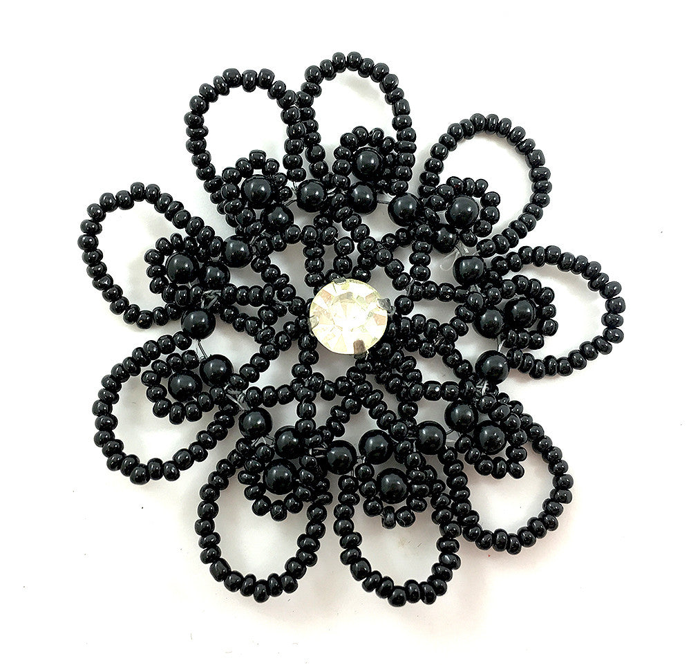 Flower Appliqué with Black Beads on Wire and Rhinestone Center 2.5
