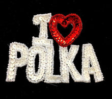 Load image into Gallery viewer, &quot;I heart (Love) Polka&quot; Red and White Sequins and Beads 4&quot; x 3&quot;
