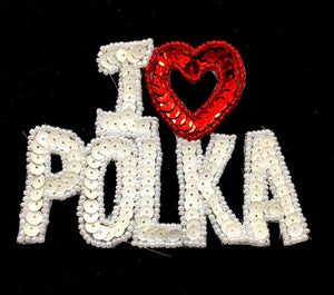 "I heart (Love) Polka" Red and White Sequins and Beads 4" x 3"
