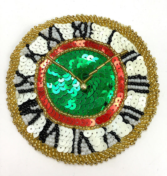 Clock Appliqué with Red, White and Green Sequins and Gold Beads 4"