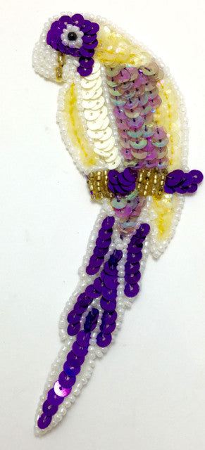 Parrot with Purple Yellow White Sequins and Beads 5" x 3"