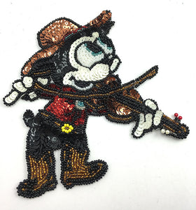 Vintage Cartoon Mouse Character Playing Violin Fiddle with Multi-Color Sequins and Beads 6" x 6"