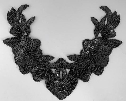 Flower NeckLine Black Sequins and Beads Choice of Pairs or singles 13" x 7"