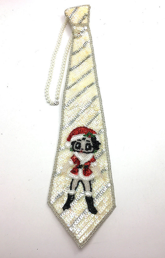 Tie Choker Necklace with Cartoon Girl in Santa Costume, Iridescent and Silver Sequins, Beads and Pearl Choker with Pinch Clasp