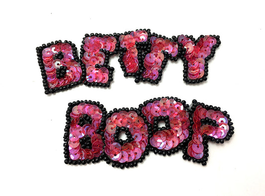 Vintage Cartoon Diva Name in Colors Red, Fuchsia or Purple Sequins Black Beads 3.5" x 1" and 3" x 1"