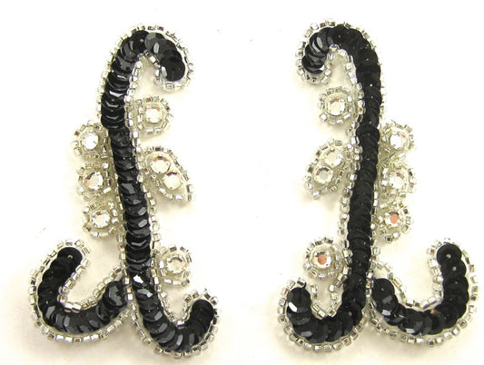 Designer Motif Pair with Black Sequins and Silver Beads and Rhinestones 3.5" x 2"