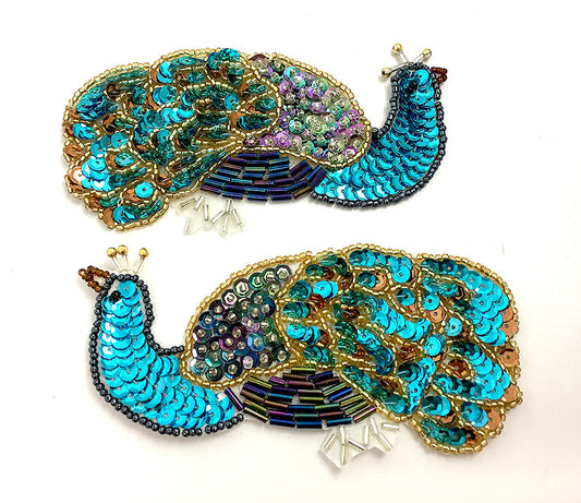 Peacock Mirror Pair Sequin Beaded, 5" x 2.5"