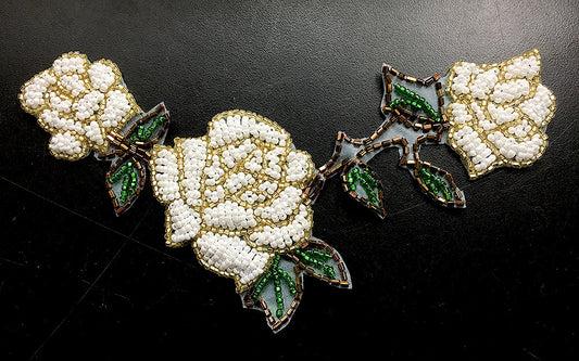 Roses with Triple White Beads, Gold Bronze and Green Beads 6" x 4.5"