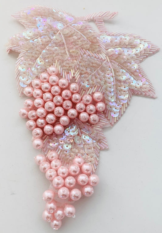 Leaf and Grapes on Vine with Pink Sequins and Beads 7.5" x 5"