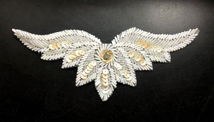 Designer Motif Wing with Beige Sequins, White Beads and Center Rhinestone 7.5" x 2.25"