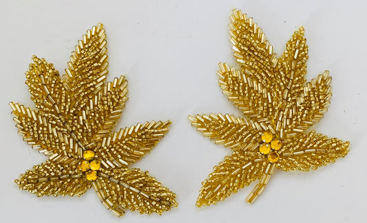 Leaf Pairs and singles with gold Beads and Rhinestones 3.5" x 2.5"