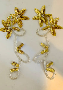 Flower Pair with Gold Lazer Sequins and Silver Beads and Rhinestones 8.3" x 2.5"