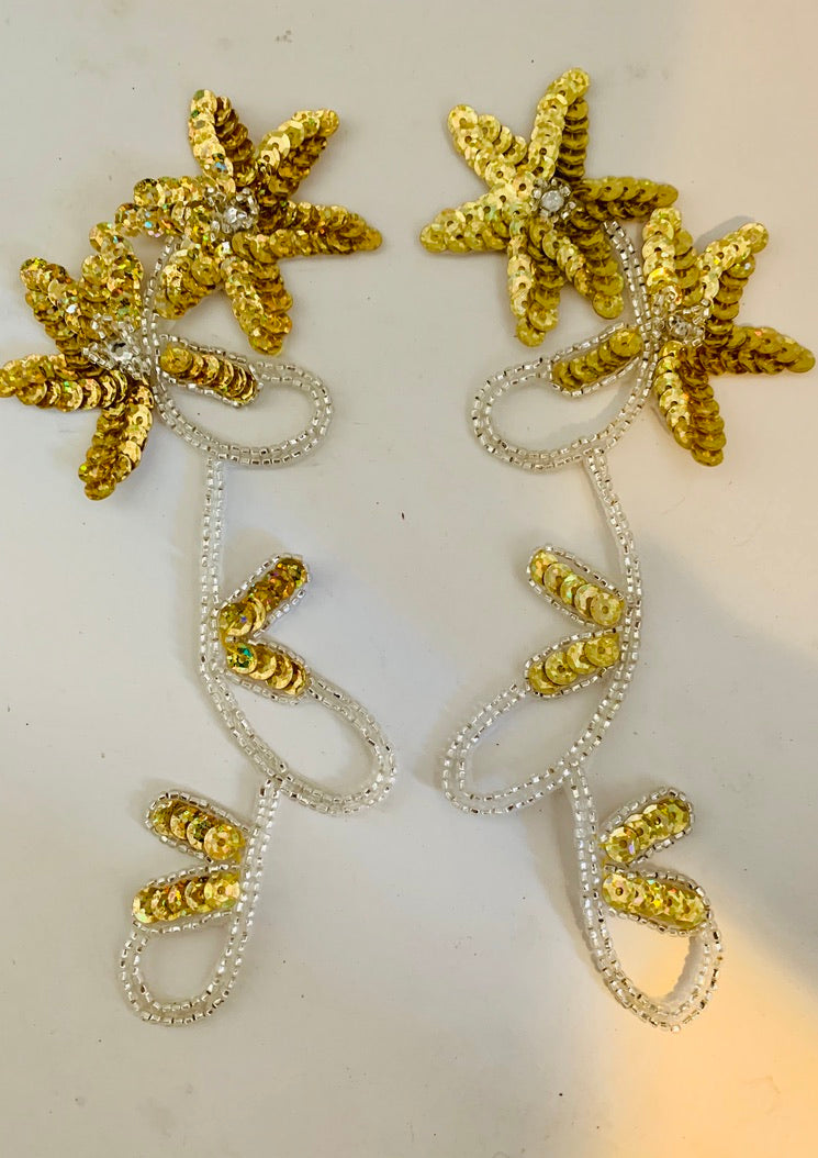 Flower Pair with Gold Lazer Sequins and Silver Beads and Rhinestones 8.3