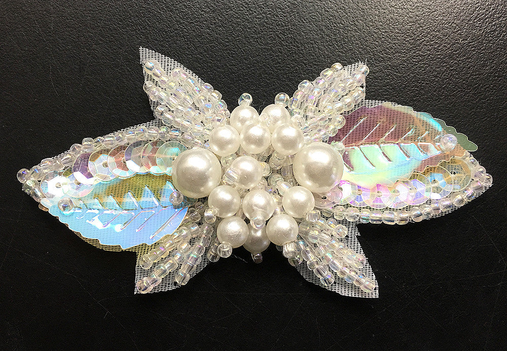 Designer Leaf with Iridescent Sequins, Beads and Center White Pearl Cluster 1.5