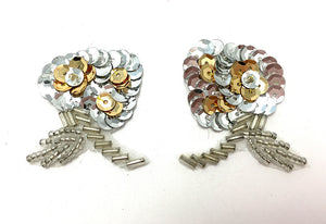 Flower Pair with Gold or Black and Silver Sequins and Beads Two Variants 2" x 1.5"