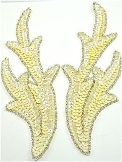 Leaf Pair Beige Sequins with Silver Beads 7" x 3"