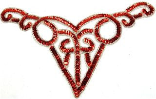 Designer Motif Neckline with Red Sequins and Silver Beads 10.5" x 5"