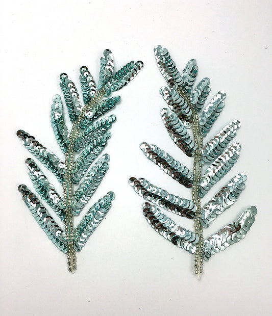 Leaf Pair with Ice Blue Sequins and Silver Beads 6" x 3"