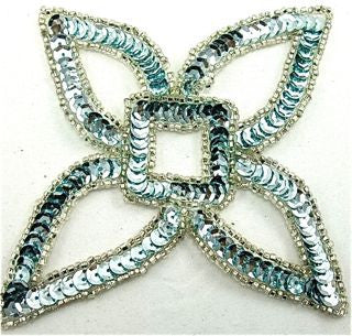 Designer Motif Four Points with Ice Blue Sequins and Silver Beads 4" x 4"
