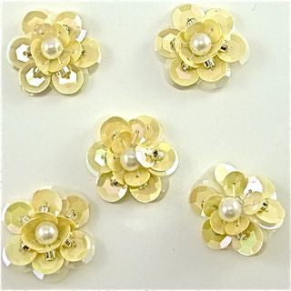 Flower Set of 5 Cream Color Sequins with Pearl 1" x 1"