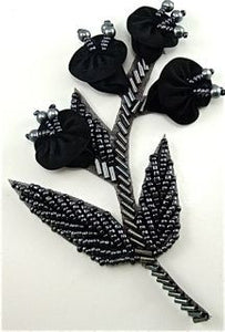 Flower Black Beads with Black Satin Flower and Charcoal Beading 3" x 4"