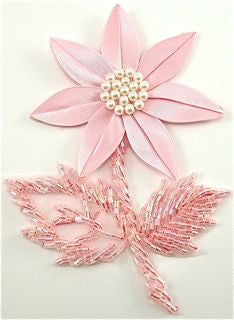 Flower Pink Satin with Pearls and Beads 3" x 5"