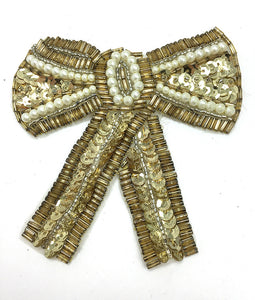 Bow Gold Beaded with Pearls 4" x 4"