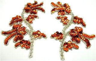 Flower Pair with Orange Sequins and Crystal Beads 5" x 3.5"