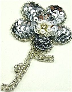 Flower with Silver Sequins, Beads and a Center Rhinestone with Pearls 3" x 2"